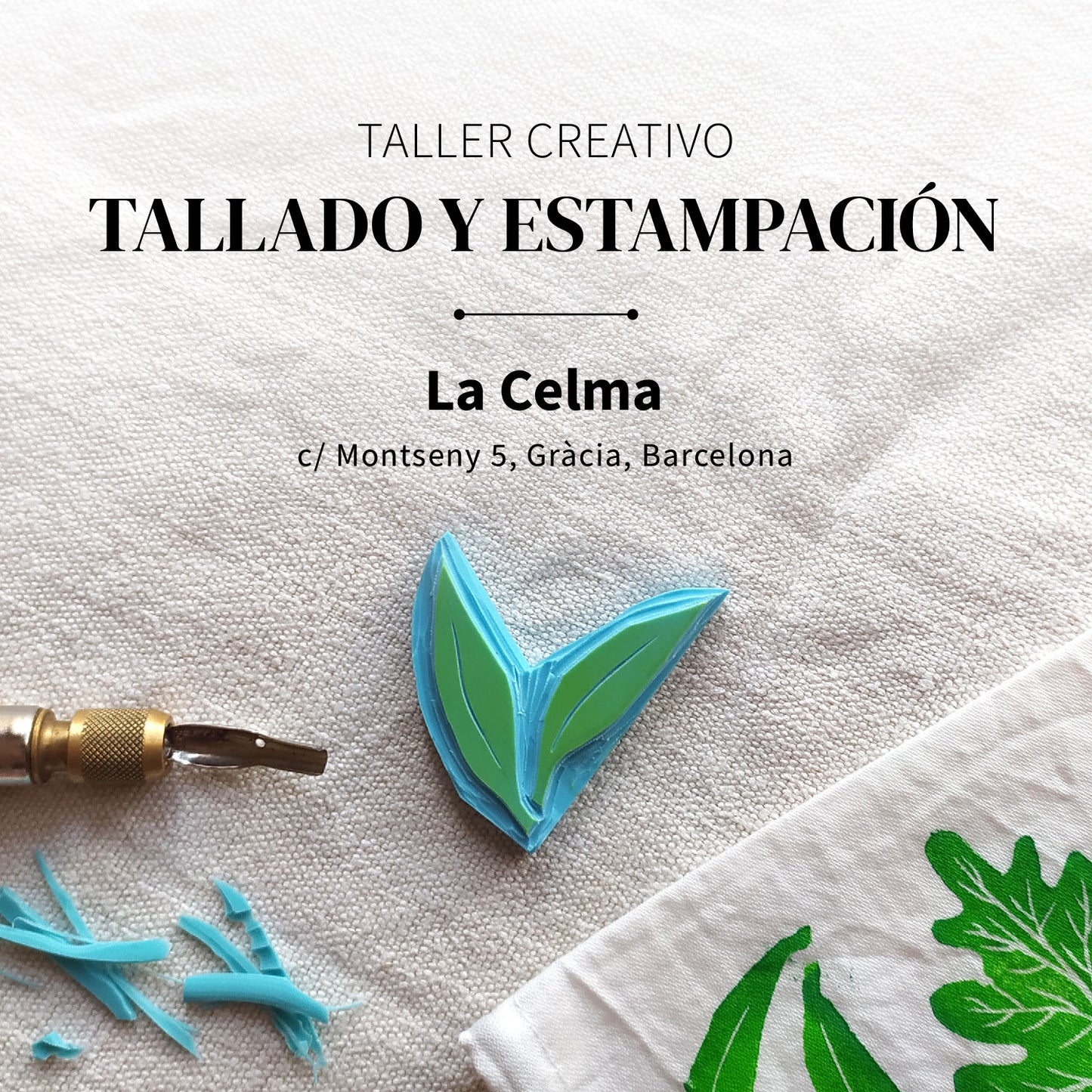 Taller creativo de tallado de sellos y estampación textil. Técnica artesanal de estampado textil.